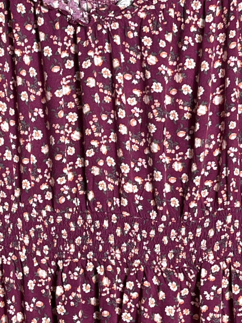 Burgundy Ditsy Floral Dress Boho Peasant Midi Milkmaid Casual Smocked Wom 1X - Picture 9 of 10